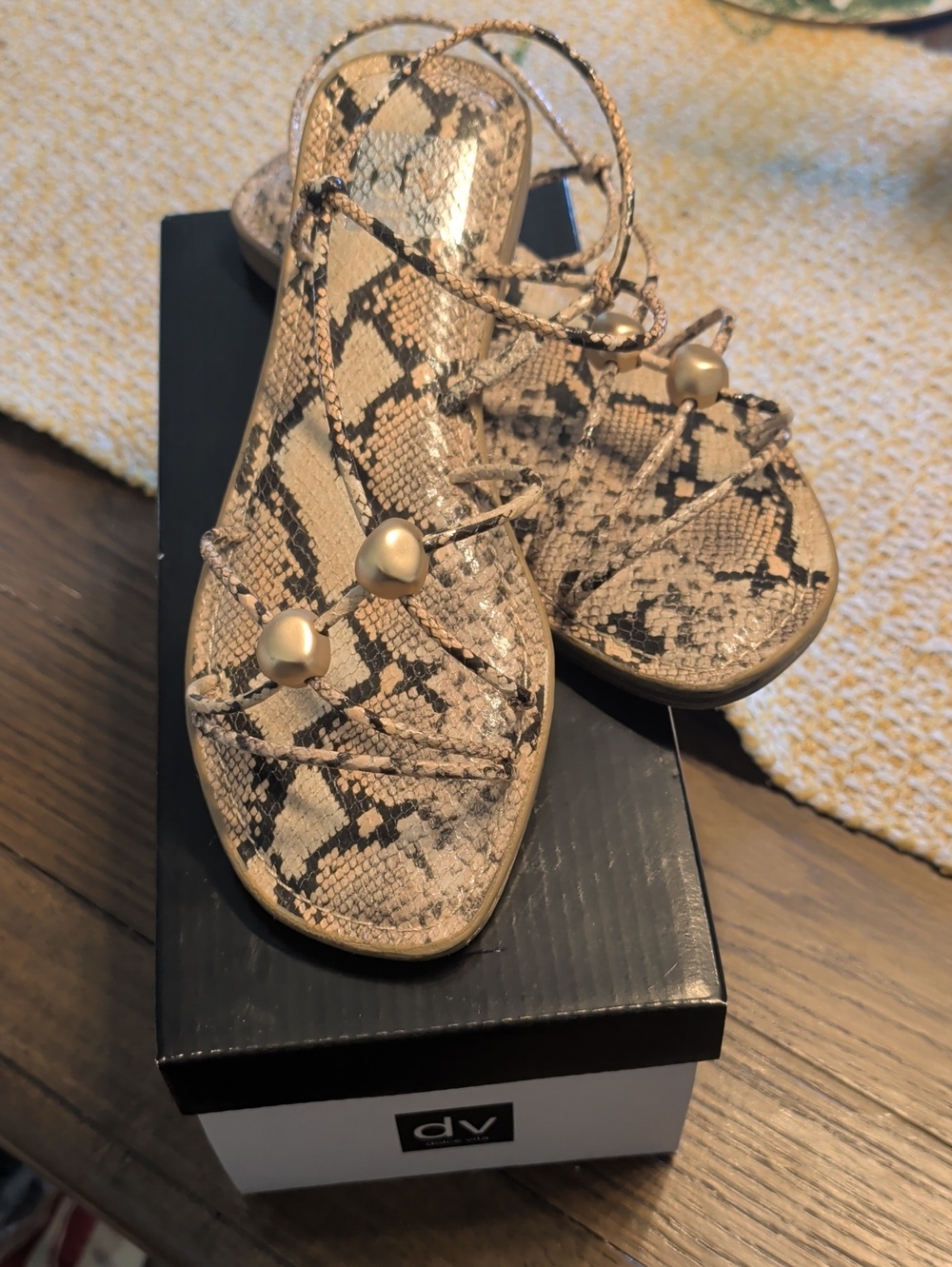 DV by Dolce Vita Beige Leather Snake-Print Women's Sandals with Gold Bead Accent